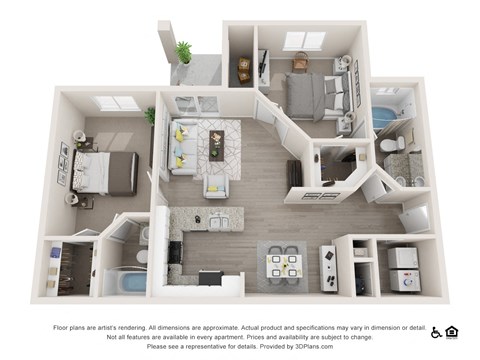 Floor plan for 2 beds, 2 baths, 1052 sqft